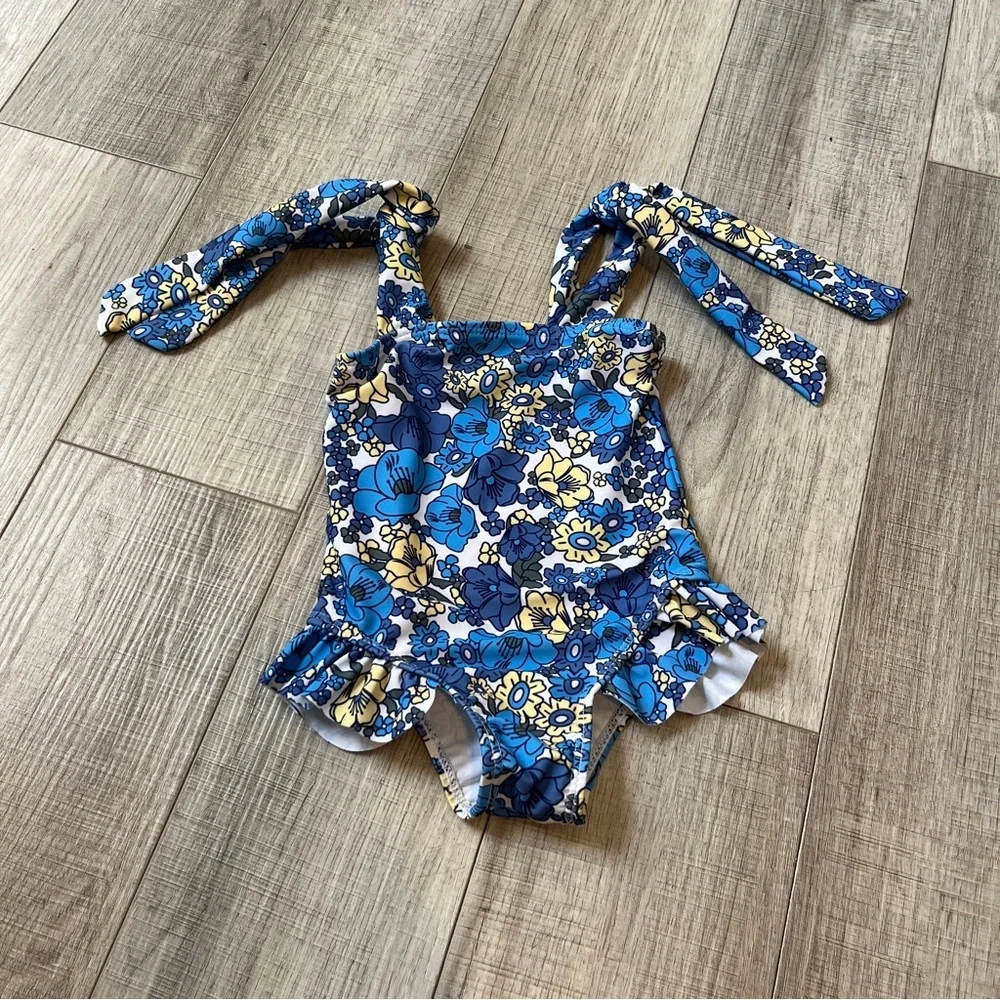Floral Blue and Yellow Kids One-Piece Swimsuit Blue Floral Tie Strap Skirt 9-12M